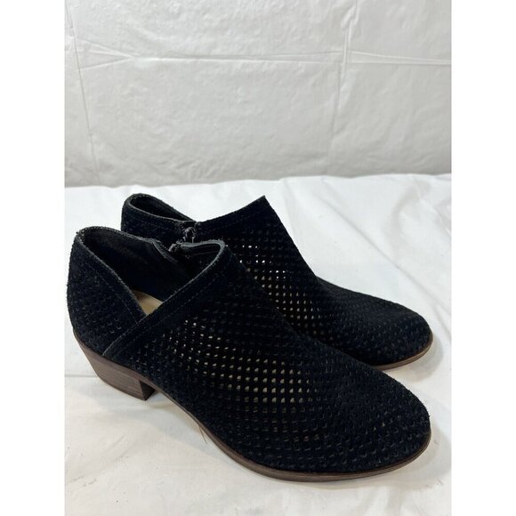 Lucky Brand Baley Black Suede Mesh Block Heel Side Zip Ankle Booties Boots  6.5 - Picture 2 of 14
